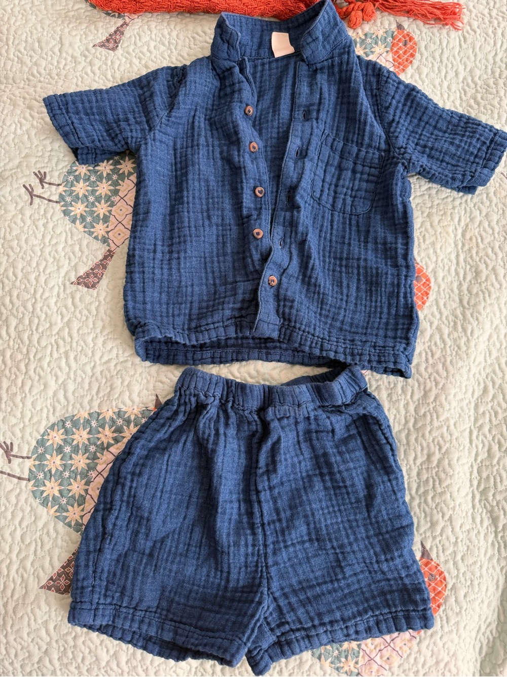 H&M Navy Blue Gauze Cotton Kids Matching Set - Shirt & Shorts